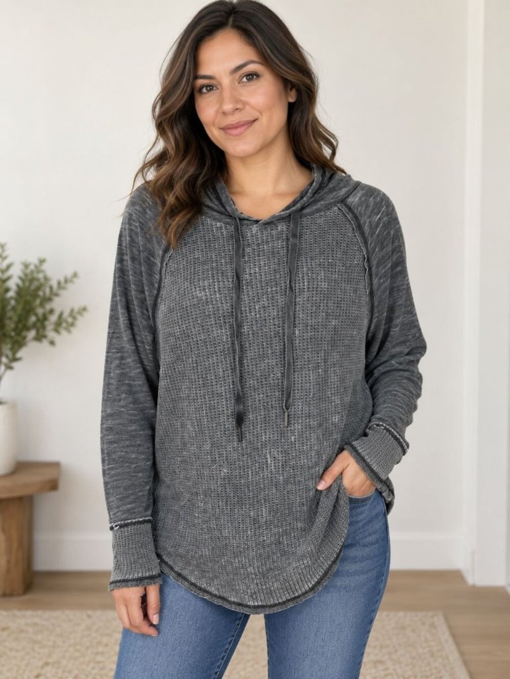 Lincoln Outfitters Gray Waffle Knit Hooded Pullover Sweatshirt Medium